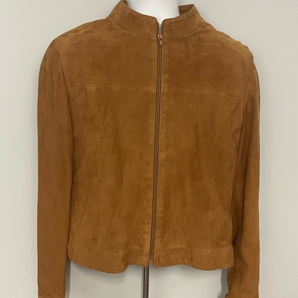 Women suede jacket cognac zipper front satan lining zipper sleeves modern fit
